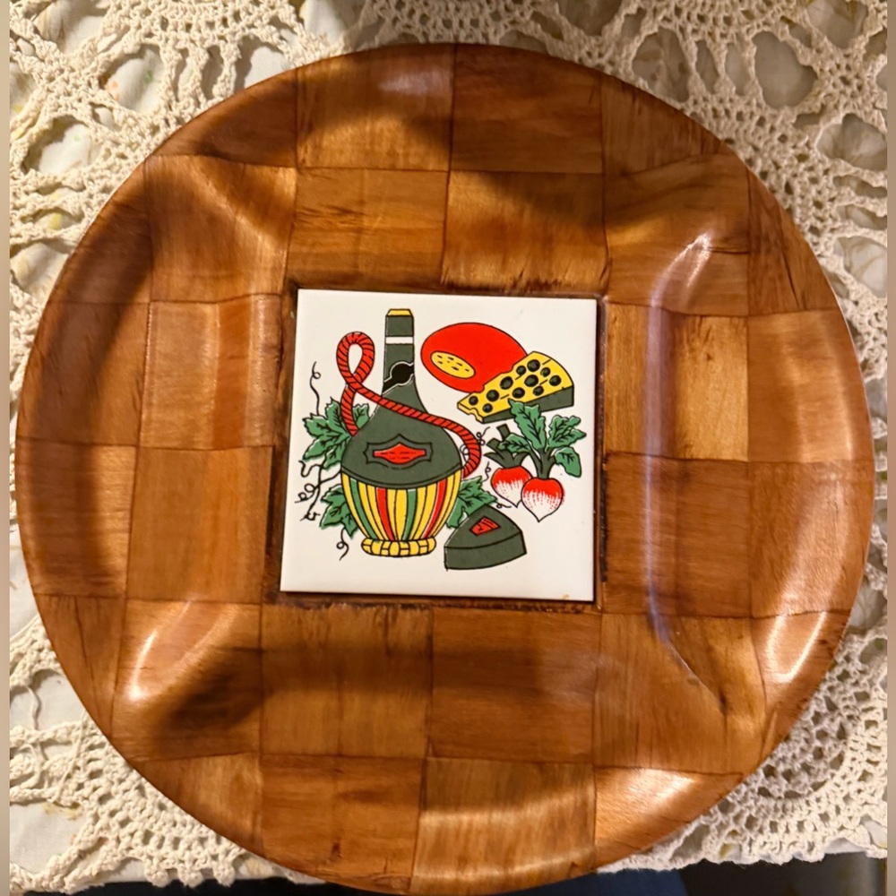 Vintage 1970s MCM Teak Cheese & Snack Tray with Illustrated Tile